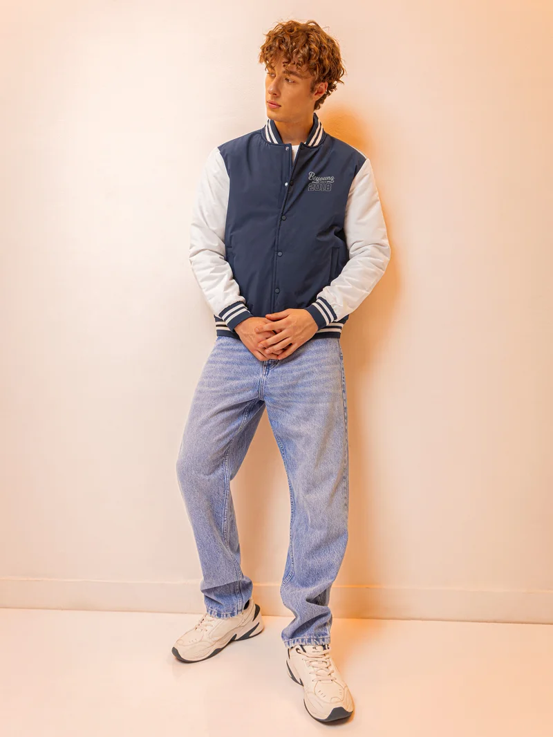 Beyoung Navy Blue Solid Varsity Jacket for Men