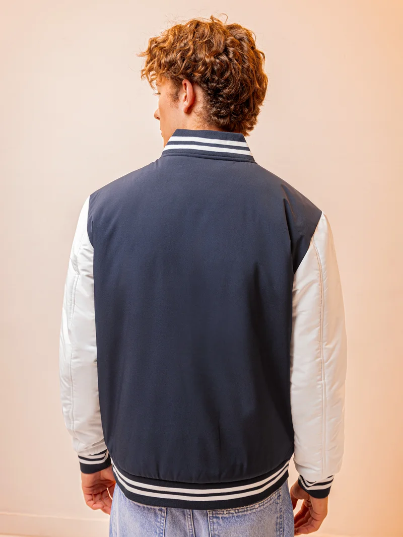 Beyoung Navy Blue Solid Varsity Jacket for Men