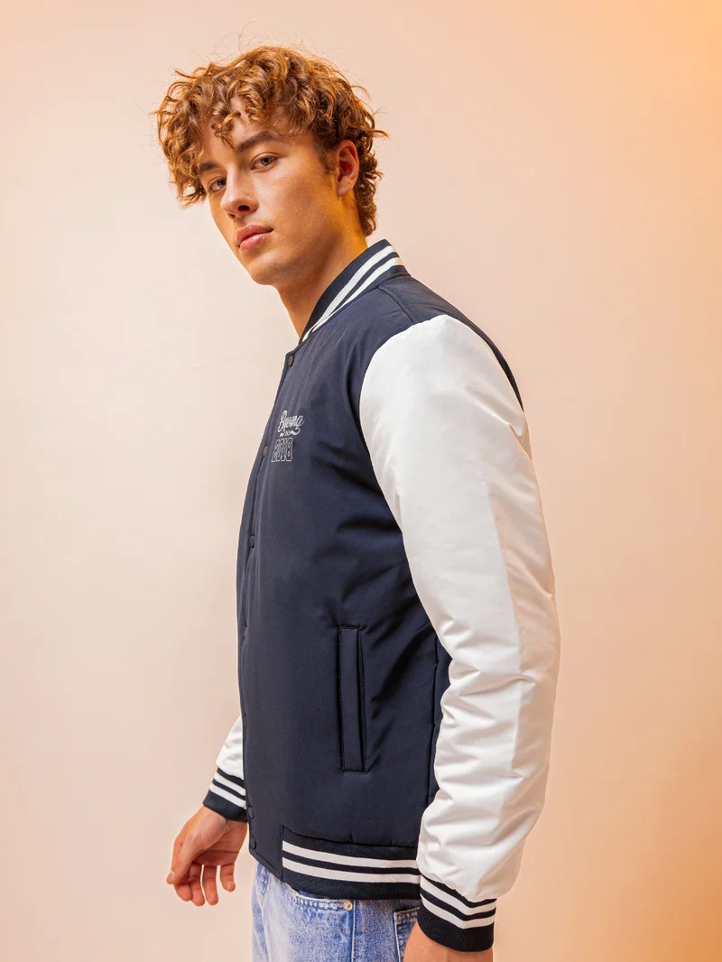Beyoung Navy Blue Solid Varsity Jacket for Men