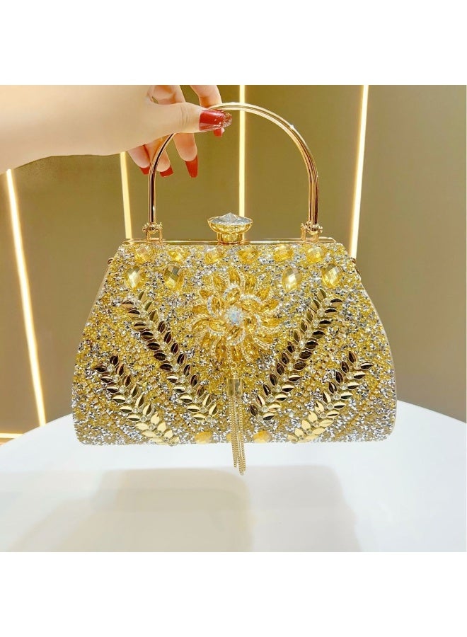 Women's Rhinestone Evening Handbag, Crystal Embellished Top Handle Clutch Purse with Tassel & Lock Closure, Luxury Wedding Party Bag with Detachable Strap for Formal Events - Image 1