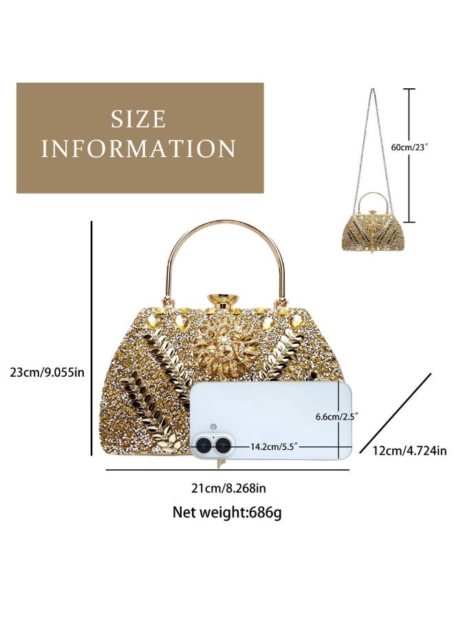 Women's Rhinestone Evening Handbag, Crystal Embellished Top Handle Clutch Purse with Tassel & Lock Closure, Luxury Wedding Party Bag with Detachable Strap for Formal Events - Image 4