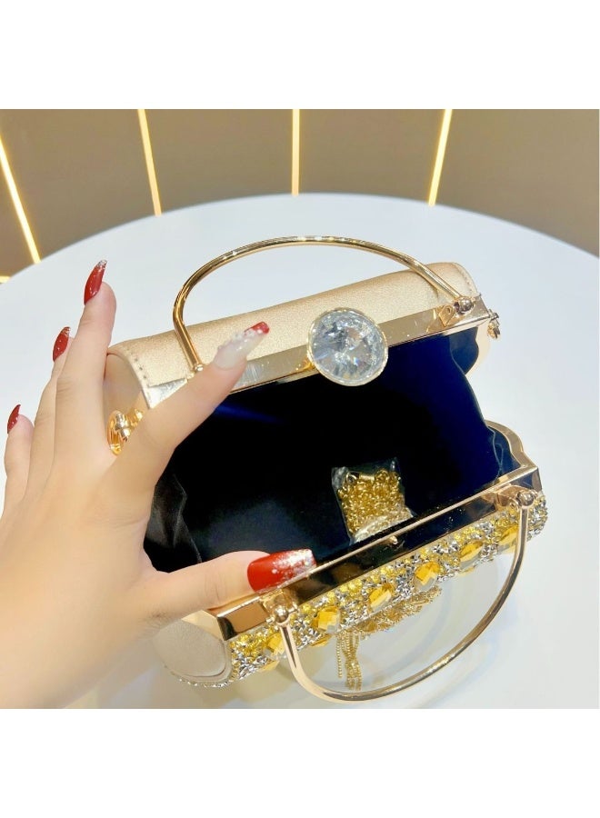 Women's Rhinestone Evening Handbag, Crystal Embellished Top Handle Clutch Purse with Tassel & Lock Closure, Luxury Wedding Party Bag with Detachable Strap for Formal Events - Image 3