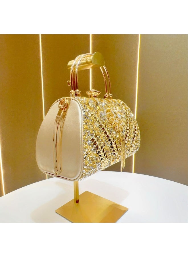 Women's Rhinestone Evening Handbag, Crystal Embellished Top Handle Clutch Purse with Tassel & Lock Closure, Luxury Wedding Party Bag with Detachable Strap for Formal Events - Image 2