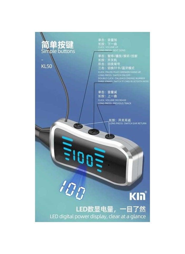KL50 Bluetooth Neckband Earphones 48H Playtime With LED Display TF Card Slot Multi Functional Button Control Purple