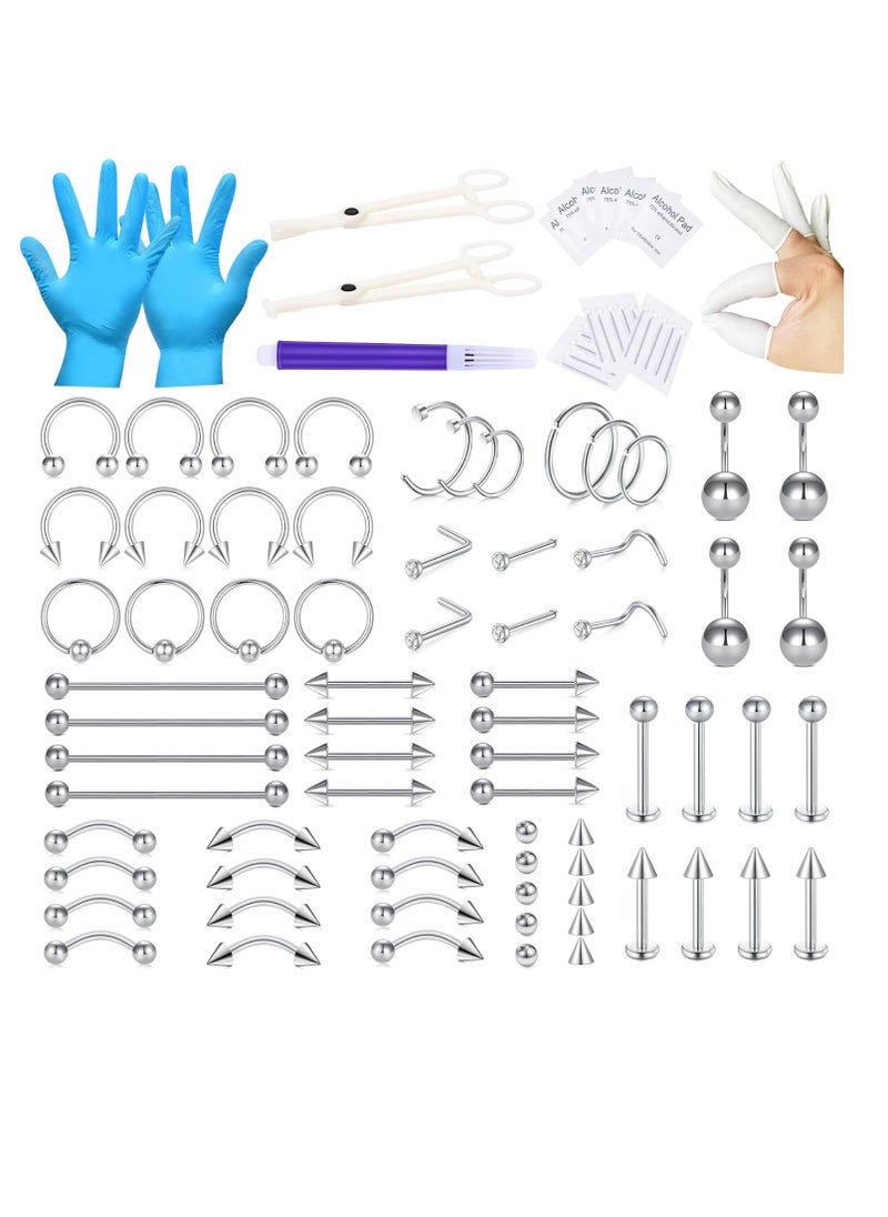JIESIBAO - 100PCS Piercing Kit,12G 14G 16G Piercing Needles Clamps for Nose Septum Belly Button Lip Tongue Eyebrow Cartilage Ear Tragus Helix Daith Piercing Tool Kit - Silver - Image 1