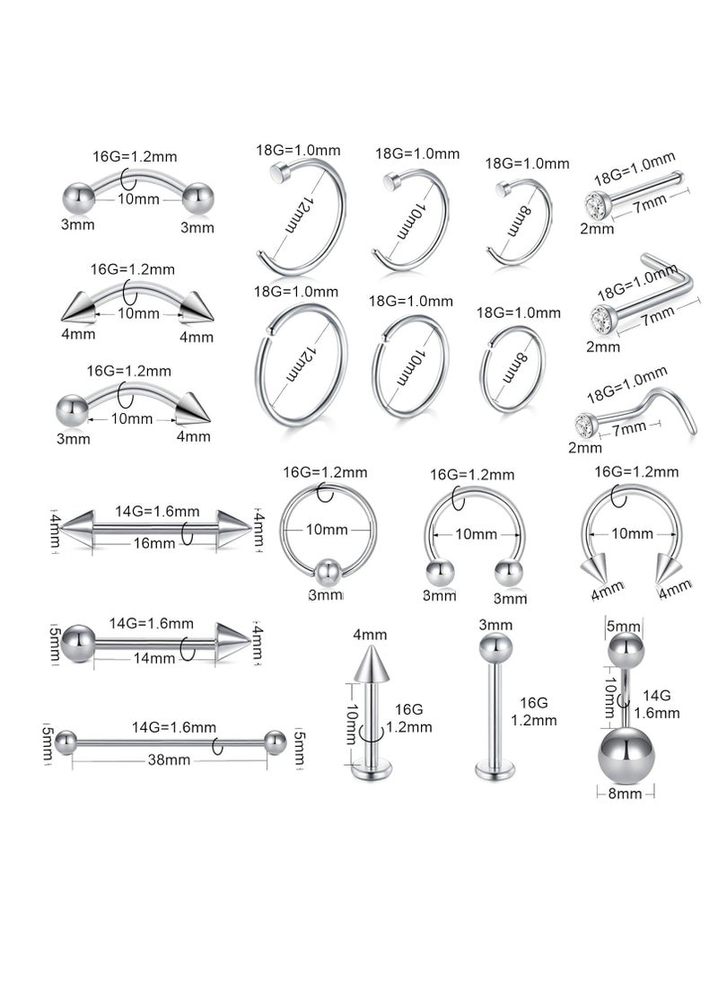 JIESIBAO - 100PCS Piercing Kit,12G 14G 16G Piercing Needles Clamps for Nose Septum Belly Button Lip Tongue Eyebrow Cartilage Ear Tragus Helix Daith Piercing Tool Kit - Silver - Image 1