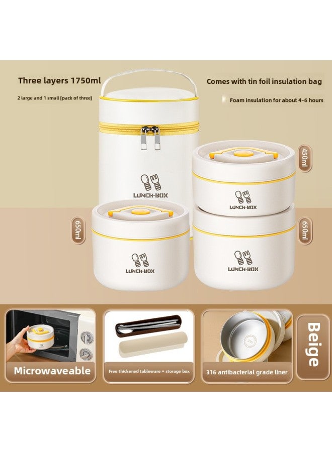316 Stainless Steel Insulated Lunch Box For Office Students Japanese-style Insulated Bucket Microwave Heating Lunch Box-Specifications:Beige [foam Insulation] Three Large 1750ml (with Tableware Bag)  - Image 1
