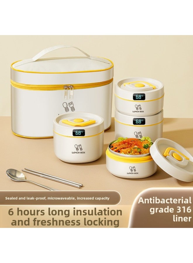 316 Stainless Steel Insulated Lunch Box For Office Students Japanese-style Insulated Bucket Microwave Heating Lunch Box-Specifications:Beige [foam Insulation] Three Large 1750ml (with Tableware Bag)  - Image 2