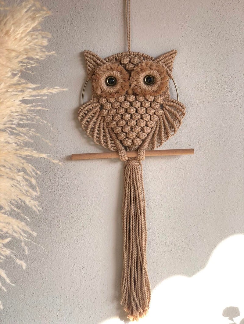 TMS Bohemian Owl Macramé Wall Hanging - 12 x 23 Inch - Handcrafted Boho Home Décor with Natural Elements - Boho Chic Accent for Home, Office, or Living Room (Beige) - Image 1