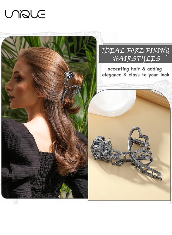 Unique Flower Hair Claw Clips Black Rose Hair Clips Large Heart Hair Jaw Clips Metal Hair Claws for Women Girls Goth Hair Accessories Strong Hold Vintage Hair Clamps - Image 4