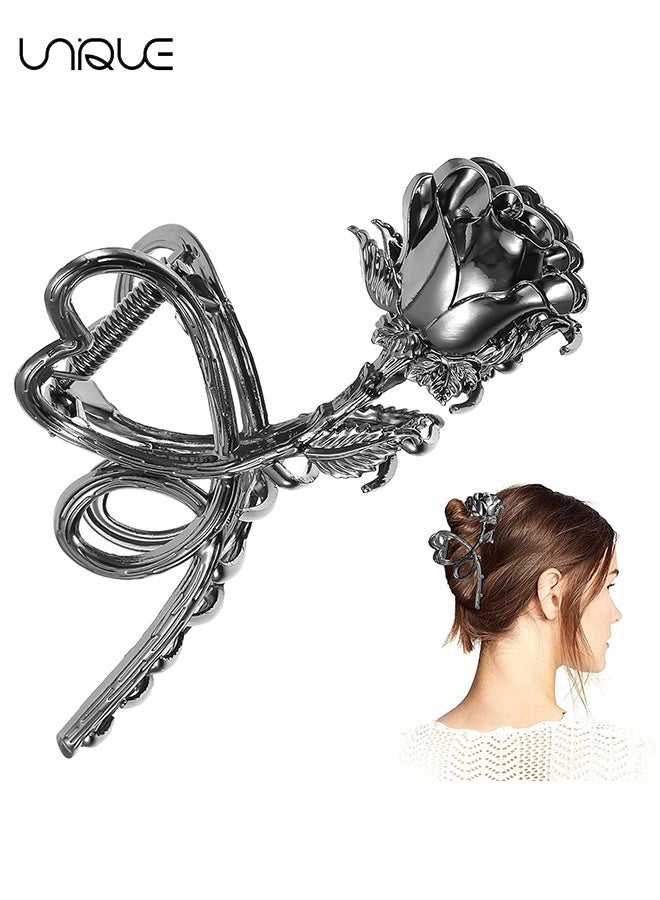 Unique Flower Hair Claw Clips Black Rose Hair Clips Large Heart Hair Jaw Clips Metal Hair Claws for Women Girls Goth Hair Accessories Strong Hold Vintage Hair Clamps - Image 1