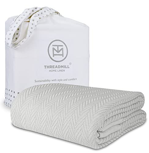 Threadmill Threadmill Luxury Cotton Blankets for Queen Size Bed  AllSeason 100 Cotton Queen Size Blanket  Herringbone Cozy Soft Breathable Fall Thermal Blanket fits Full Size Bed  Light Grey 