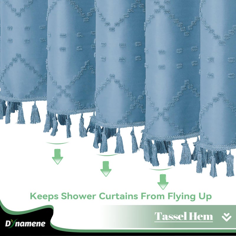 Dynamene Extra Long Shower Curtain  84 Inch Long Boho Tufted Geometric Striped Fabric Bathroom Shower Curtain  Tall Shabby Chic Waterproof Cloth Shower Curtain Set  12 Hooks  Moonlight Blue  72x84 - Image 4