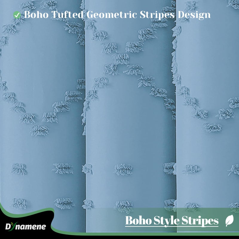 Dynamene Extra Long Shower Curtain  84 Inch Long Boho Tufted Geometric Striped Fabric Bathroom Shower Curtain  Tall Shabby Chic Waterproof Cloth Shower Curtain Set  12 Hooks  Moonlight Blue  72x84 - Image 2