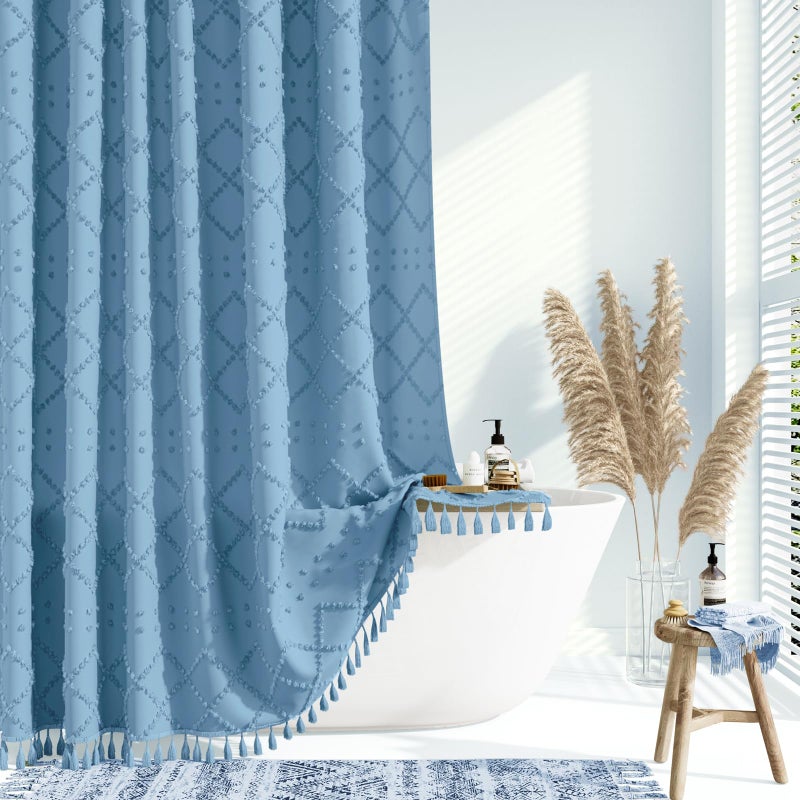 Dynamene Extra Long Shower Curtain  84 Inch Long Boho Tufted Geometric Striped Fabric Bathroom Shower Curtain  Tall Shabby Chic Waterproof Cloth Shower Curtain Set  12 Hooks  Moonlight Blue  72x84 - Image 1