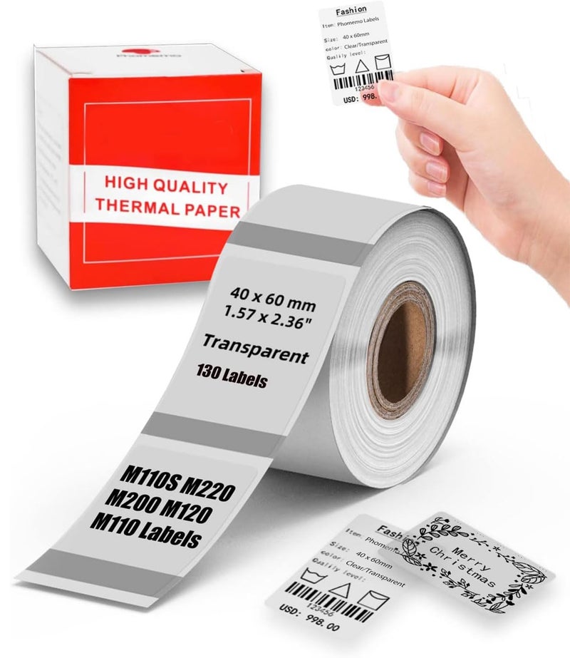Memoking ملصقات حرارية واضحة أصلية M110 M220 - 1.57"x2.36" (40x60 مم)، ملصقات حرارية شفافة M110 M220، ملصقات واضحة M110 متوافقة مع ماكينة ملصقات فوميمو M110 M220 M200 M221 - 130 قطعة لكل لفة - Image 1