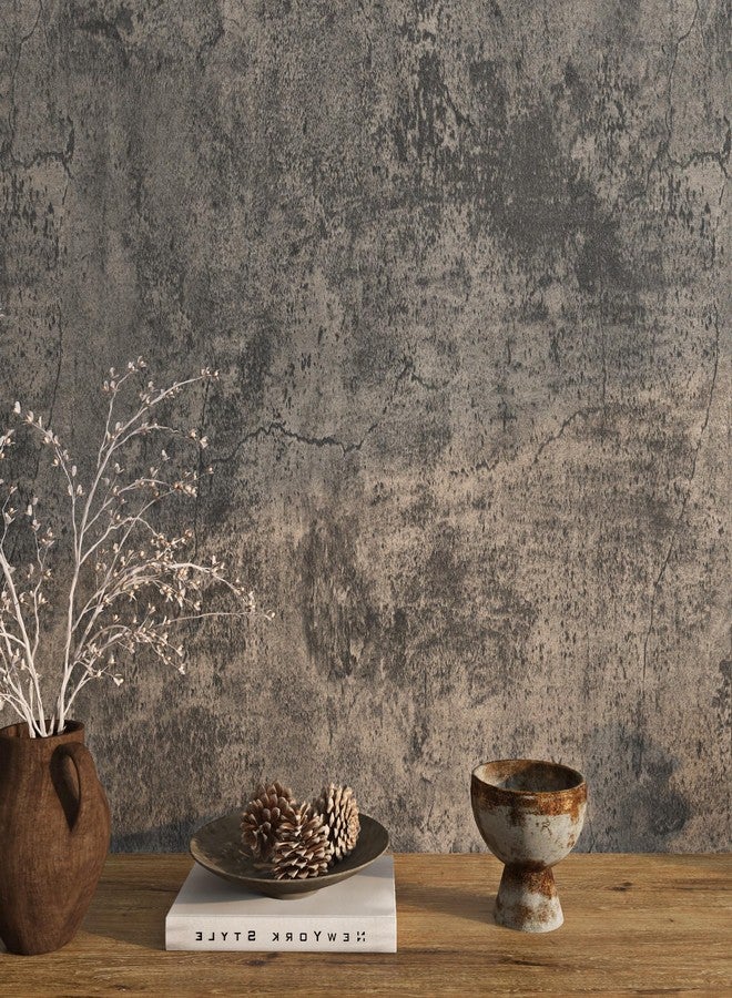 Livelynine Moody Concrete Wallpaper Peel and Stick Industrial Modern Brown Black Limewash Wallpaper Waterproof Dark Aged Cement Wall Mural Removable Cracked Concrete Contact Paper Vinyl 15.8x78.8 - Image 1