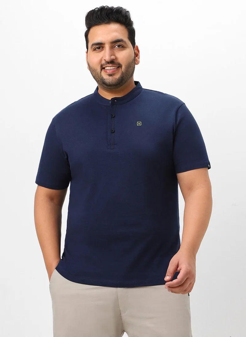 Urbano Plus Men's Navy Blue Solid Mandarin Collar Regular Fit Cotton T-Shirt
