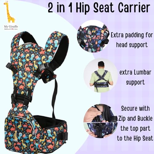 My Giraffe Hippy Snug 2-in-1 Hip Seat Baby Carrier with Detachable Top Part, Essentials Storage Space|Upto 20kgs|6 Carry Positions (Mosaic Print, Infant, Multicolor) - Image 2