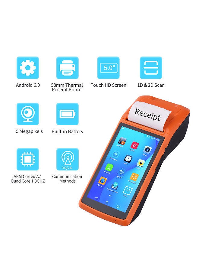 M1S Android Mobile POS Terminal Handheld PDA Printer All in One 58mm Receipt Printer 1D 2D Barcode Scanner with 5 Inch Touchscreen Support GPS/BT/3G/WiFi/OTG Function