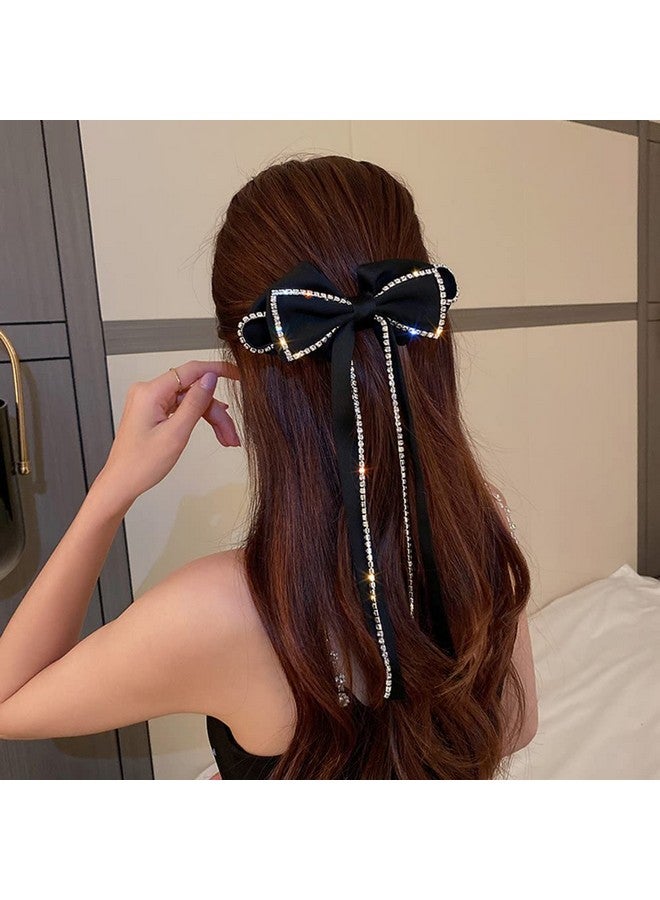 Jumwrit Large Bow Hair Clip Long Ribbon Hair Bows Rhinestone Tassel Hair Clip French Design Barrettes Fashion Hair Styling Accessories For Women Girls - Image 1