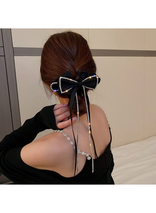 Jumwrit Large Bow Hair Clip Long Ribbon Hair Bows Rhinestone Tassel Hair Clip French Design Barrettes Fashion Hair Styling Accessories For Women Girls - Image 5