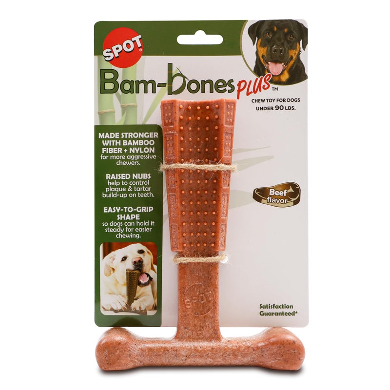 SPOT Bam-Bones Plus T Bone - Bamboo Fiber & Nylon Dog Chew Toy for Moderate to Aggressive Chewers, Non-Splintering, Long-Lasting, 7in Beef Flavor, for Adult Dogs & Teething Puppies Under 90lbs - Image 1