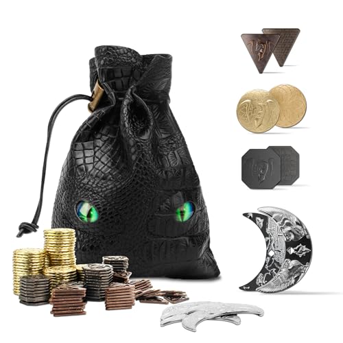 Byhoo 145PCS Metal DND Coins PU Leather Bag Contains 60 Gold Coins 40 Silver Coin 40 Copper Coins and 5 Platinum Coin Tokens with Glow in The Night Eyes Bag for RPG Tabletop Games - Image 1