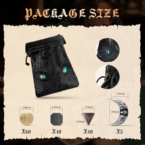 Byhoo 145PCS Metal DND Coins PU Leather Bag Contains 60 Gold Coins 40 Silver Coin 40 Copper Coins and 5 Platinum Coin Tokens with Glow in The Night Eyes Bag for RPG Tabletop Games - Image 5
