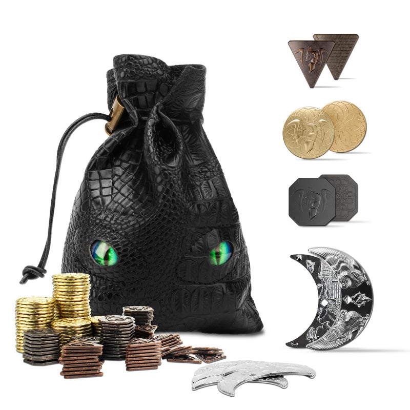 Byhoo 145PCS Metal DND Coins PU Leather Bag Contains 60 Gold Coins 40 Silver Coin 40 Copper Coins and 5 Platinum Coin Tokens with Glow in The Night Eyes Bag for RPG Tabletop Games - Image 4