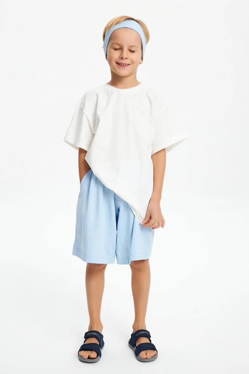 بيبيجيز Baby Blue-White Boy's Cotton Combed Oversize White T-Shirt Blue Bandana 2-Piece Set