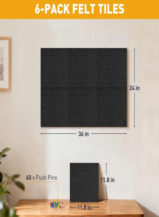 QUEENLINK Large Cork Board 36"x24", 6-Pack Self-Adhesive Felt Bulletin Board Tiles with 60 Push Pins, Square Felt Wall Panels Pin Board Vision Board Wall Organizer for Home Office Decor, Black - Image 2