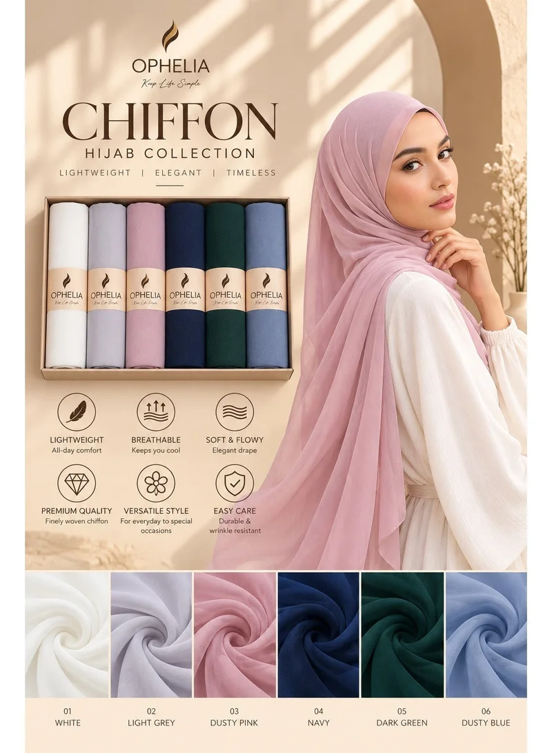 Ophelia 6 PCS Premiun Chiffon Hijab Bundle, Elegant Assorted Colors