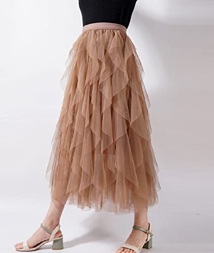 Femiserah Women's Long Rainbow A Line Tulle Tutu Skirts Tiered Skirt Petticoat（One Size, Tulle Coffee - Image 2