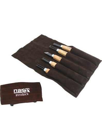 NAREX 869300 Wood Carving Set for Beginners 5 Pieces with Leather Wrap Bag  - Image 1