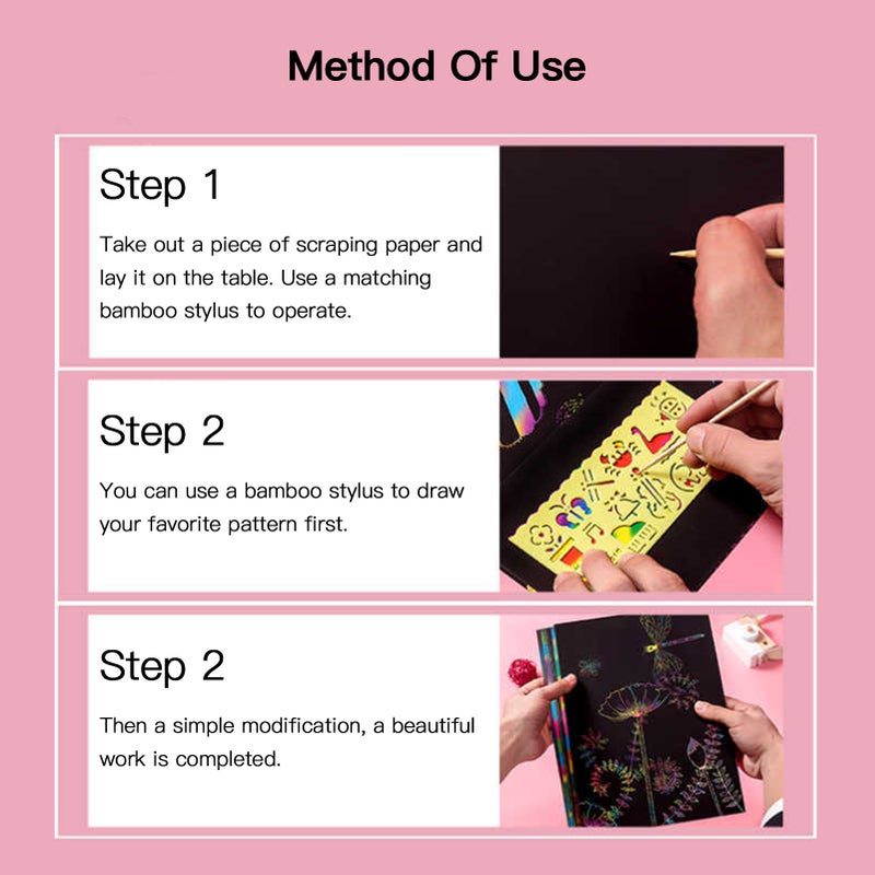 مجموعة فن الرسم على الورق الممزق (Scratch Paper) السحري المائل للألوان - 50 ورقة سحرية للممزق للأطفال، مجموعات الحرف والفنون بالورق الأسود الذي يتم إزالته عن طريق الحرك، مع 5 أقلام خشبية و4 قوالب لرسم، للأولاد والبنات، لألعاب حفلات عيد الفصح - Image 3