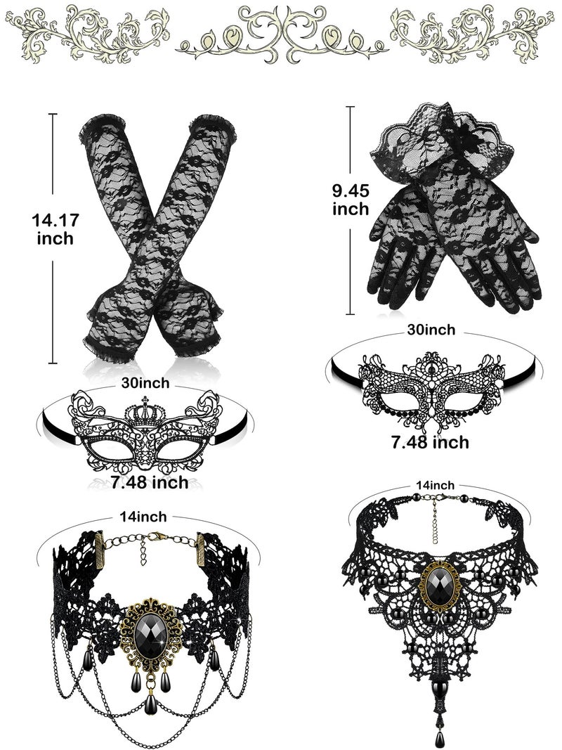 Newcotte 6 Pcs Masquerade Mask for Women Lace Mask Choker Necklace Glove for Valentine Party Couple Masquerade Ball 80s 90s(Graceful Style) - Image 3