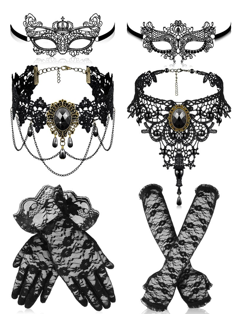 Newcotte 6 Pcs Masquerade Mask for Women Lace Mask Choker Necklace Glove for Valentine Party Couple Masquerade Ball 80s 90s(Graceful Style) - Image 1