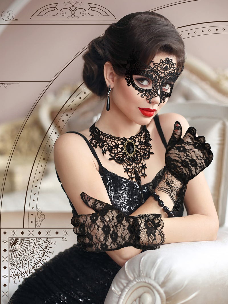 Newcotte 6 Pcs Masquerade Mask for Women Lace Mask Choker Necklace Glove for Valentine Party Couple Masquerade Ball 80s 90s(Graceful Style) - Image 2