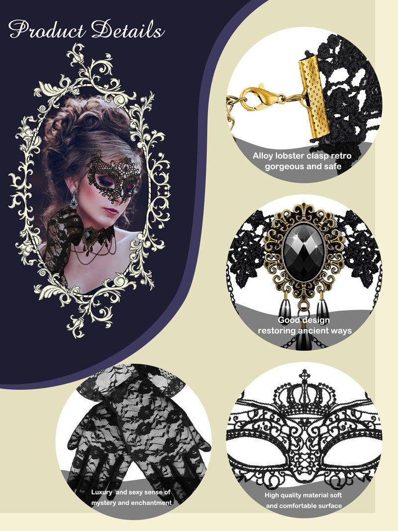 Newcotte 6 Pcs Masquerade Mask for Women Lace Mask Choker Necklace Glove for Valentine Party Couple Masquerade Ball 80s 90s(Graceful Style) - Image 5