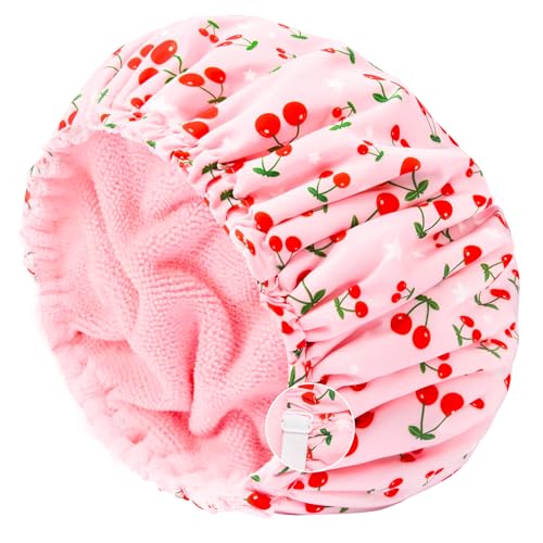 Aileam Shower Cap for Women Terry Lined Bath Cap Large Reusable Waterproof Elastic Band Pink Shower Caps for Long Thick Hair Soft Bath Shower Hair Caps
