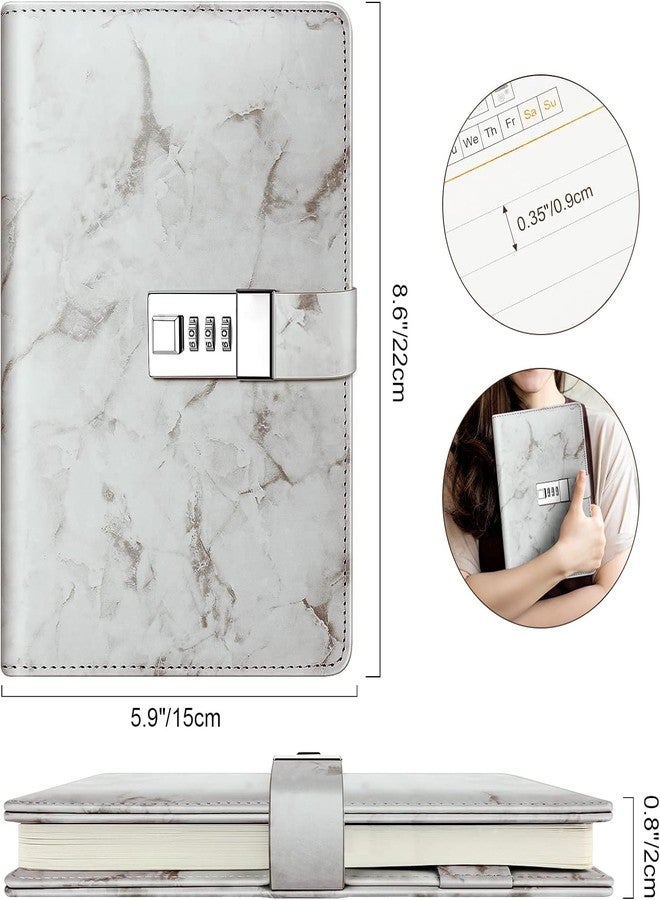 PiyuBind Diaries with Lock A5 Adult Diary with Lock PU Leather Journal Notebook with Pen, Personal Diary with Pen Holde 192 Pages 100gsm Premium Thick Paper (Marble, White) - Image 2