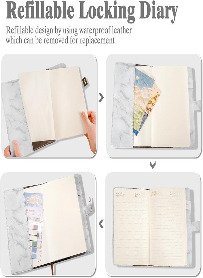 PiyuBind Diaries with Lock A5 Adult Diary with Lock PU Leather Journal Notebook with Pen, Personal Diary with Pen Holde 192 Pages 100gsm Premium Thick Paper (Marble, White) - Image 4