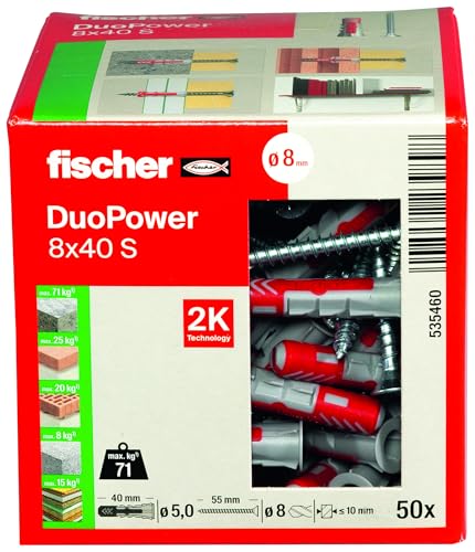 Fischer DuoPower 8 x 40 S, Powerful Universal Plug with Safety Screw, Intelligent 2-Component Technology for fastenings in Concrete, Bricks, Stone, Gypsum plasterboard, etc., 50 Plugs & 50 Screws - Image 2