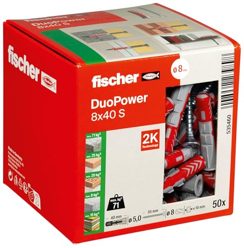Fischer DuoPower 8 x 40 S, Powerful Universal Plug with Safety Screw, Intelligent 2-Component Technology for fastenings in Concrete, Bricks, Stone, Gypsum plasterboard, etc., 50 Plugs & 50 Screws - Image 1