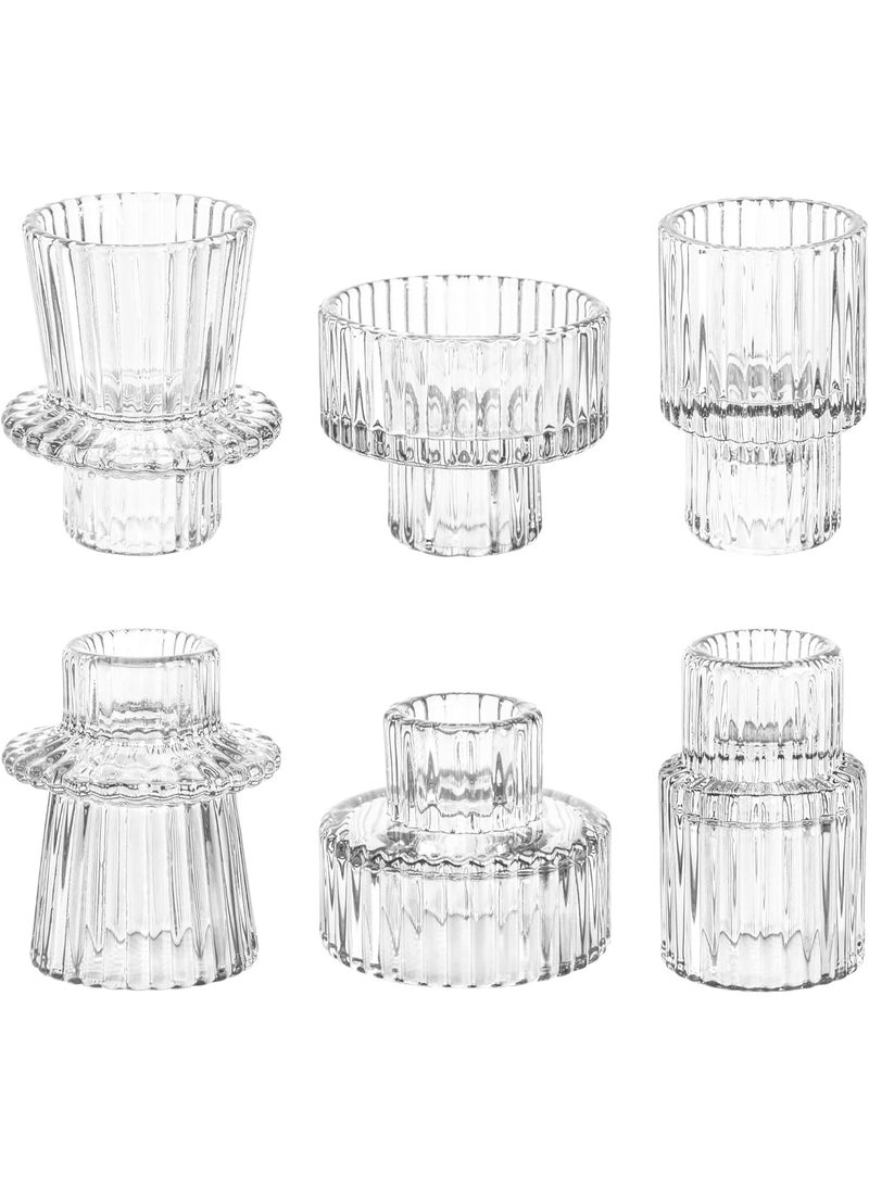 Candlestick Holders Set of 6, Ribbed Glass Taper Candle Holders, Reversible Clear Tealight & Candle Stick Candle Holder Vintage Crystal Tealight Candle Holder for Wedding Dinner Party - Image 1