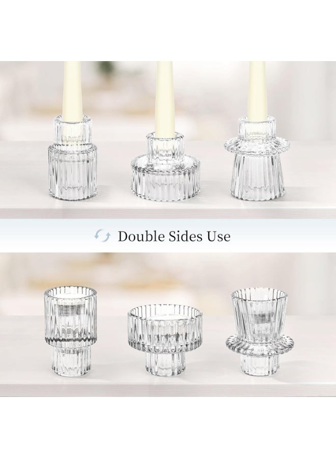 Candlestick Holders Set of 6, Ribbed Glass Taper Candle Holders, Reversible Clear Tealight & Candle Stick Candle Holder Vintage Crystal Tealight Candle Holder for Wedding Dinner Party - Image 2