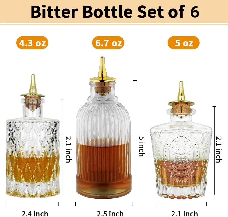 LINALL Bitters Bottle Set - Glass Vintage Bottle, Decorative Bottles with Dash Top, Dasher Bottles for Making Cocktail Great For Bartender Home Bar (6 pack) - Image 2