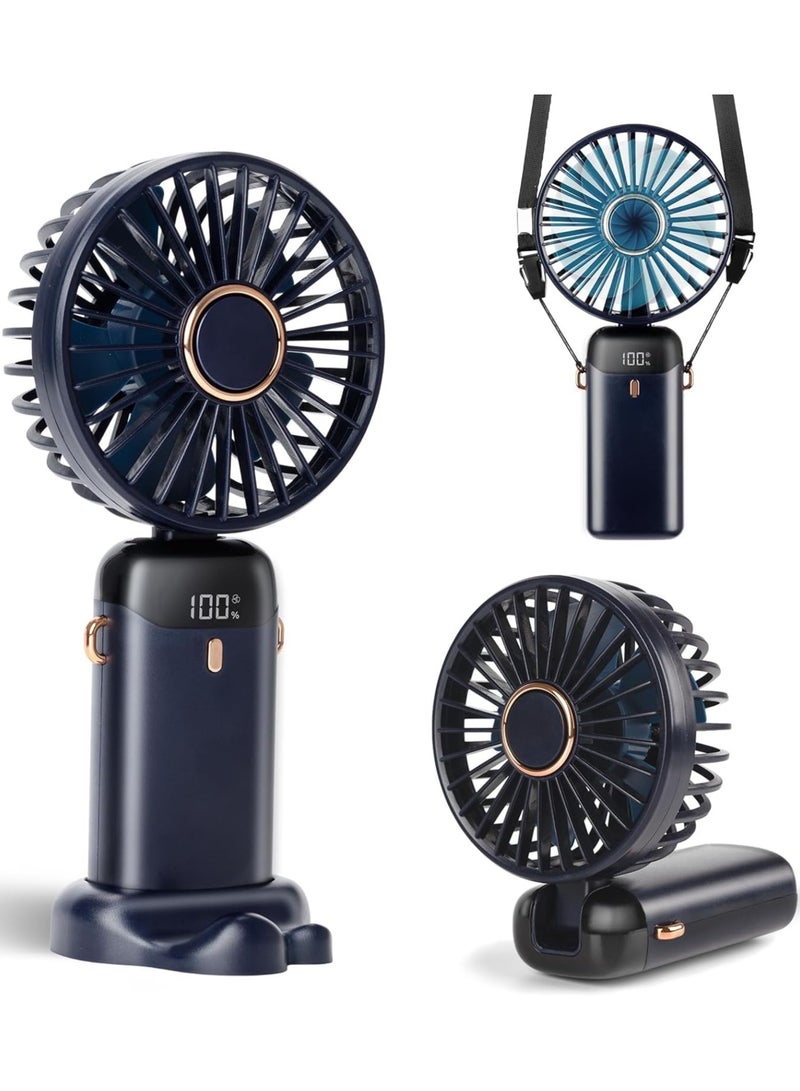 INFLUX Portable Handheld Fan, Upgrade 1200mAh Portable Fan with LED Display, 90° Foldable, 5 Speed Wind,Hand Held/Neck/Desk 3 in 1 Personal Small Fans, Makeup Fans for Women (Dark Blue) - Image 1