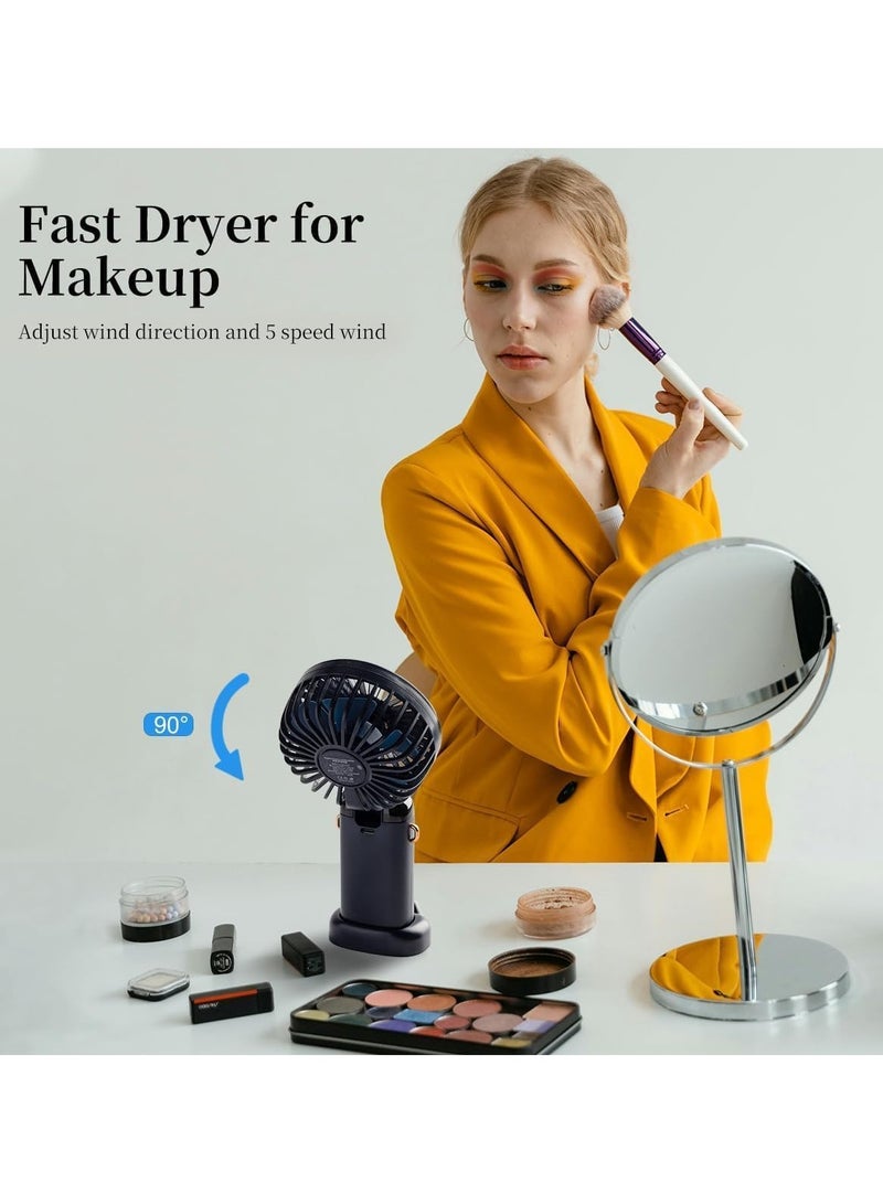 INFLUX Portable Handheld Fan, Upgrade 1200mAh Portable Fan with LED Display, 90° Foldable, 5 Speed Wind,Hand Held/Neck/Desk 3 in 1 Personal Small Fans, Makeup Fans for Women (Dark Blue) - Image 3